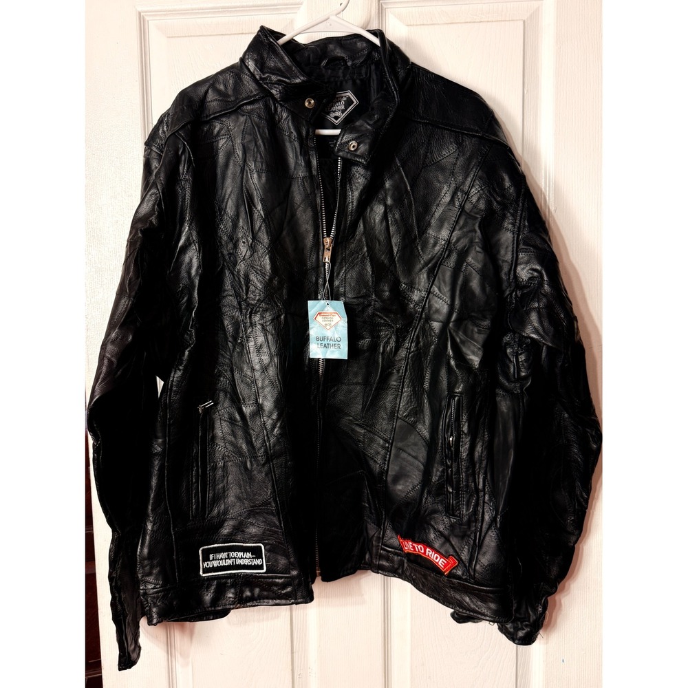 Diamond Plate Buffalo Leather Biker Jacket Mens XL Patchwork Live To Ride Eagle - Picture 2 of 15